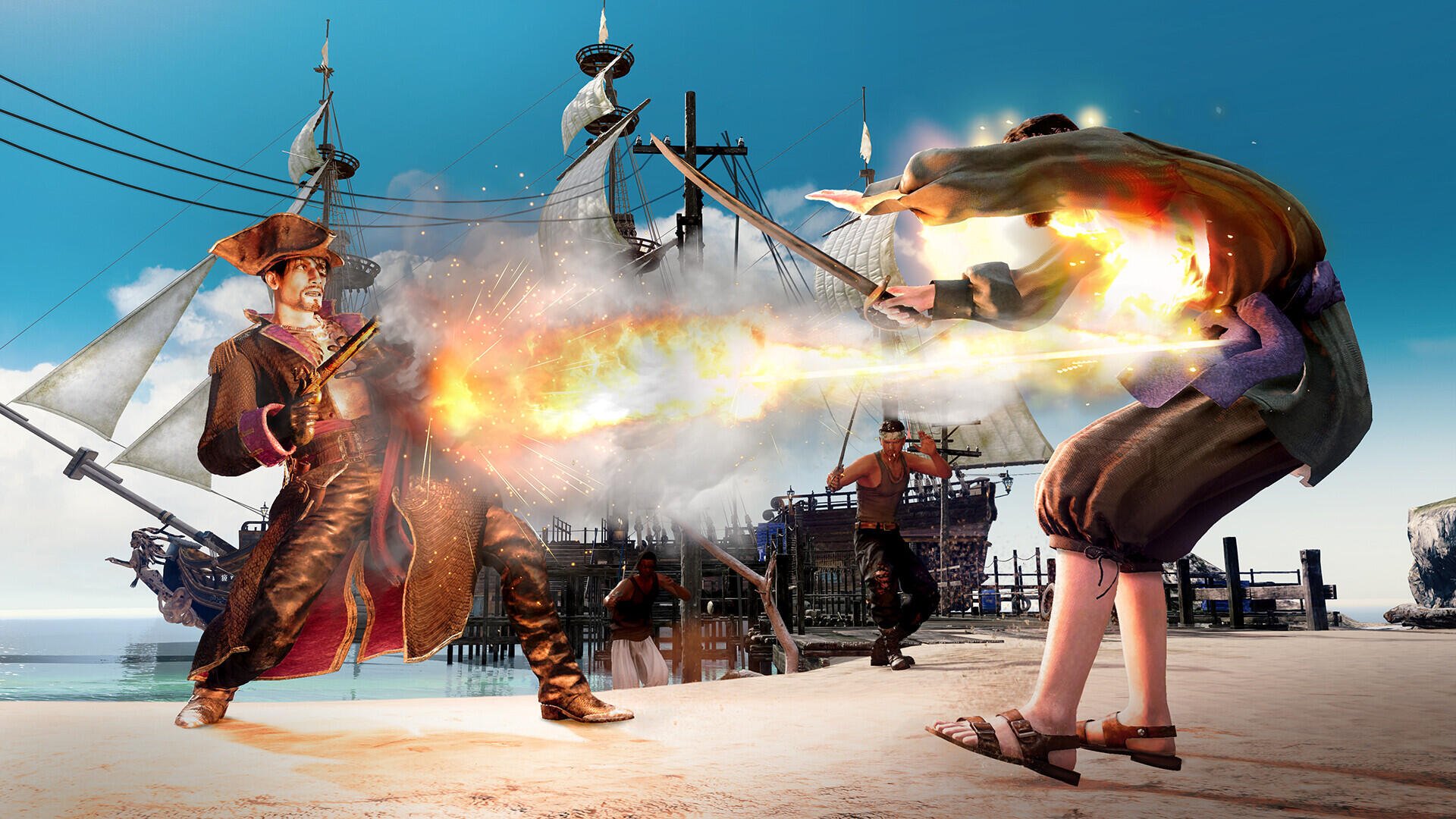 A dramatic scene from the video game Like a Dragon: Pirate Yakuza in Hawaii, featuring a fiery duel between two characters against a backdrop of pirate ships and clear blue skies.