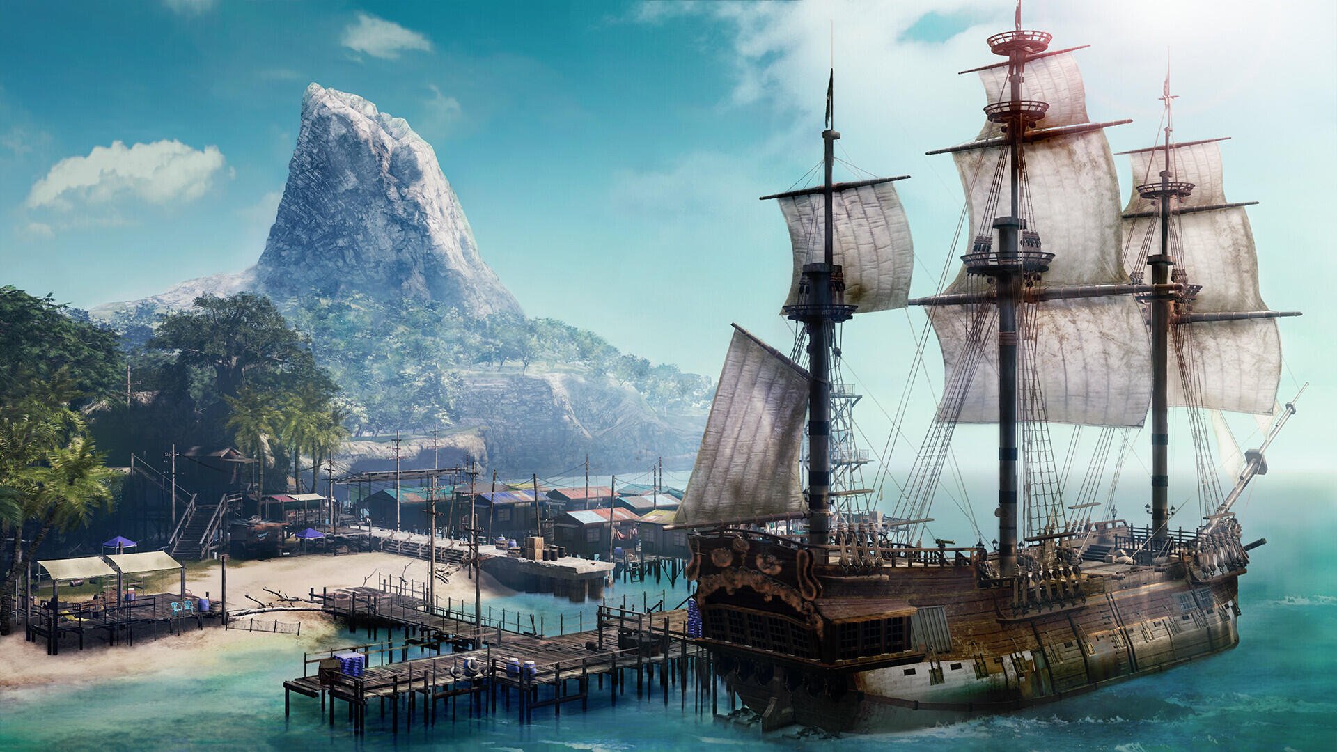 A stunning HD wallpaper from the video game Like a Dragon: Pirate Yakuza in Hawaii, featuring a majestic pirate ship anchored near a vibrant coastal landscape and a towering mountain.