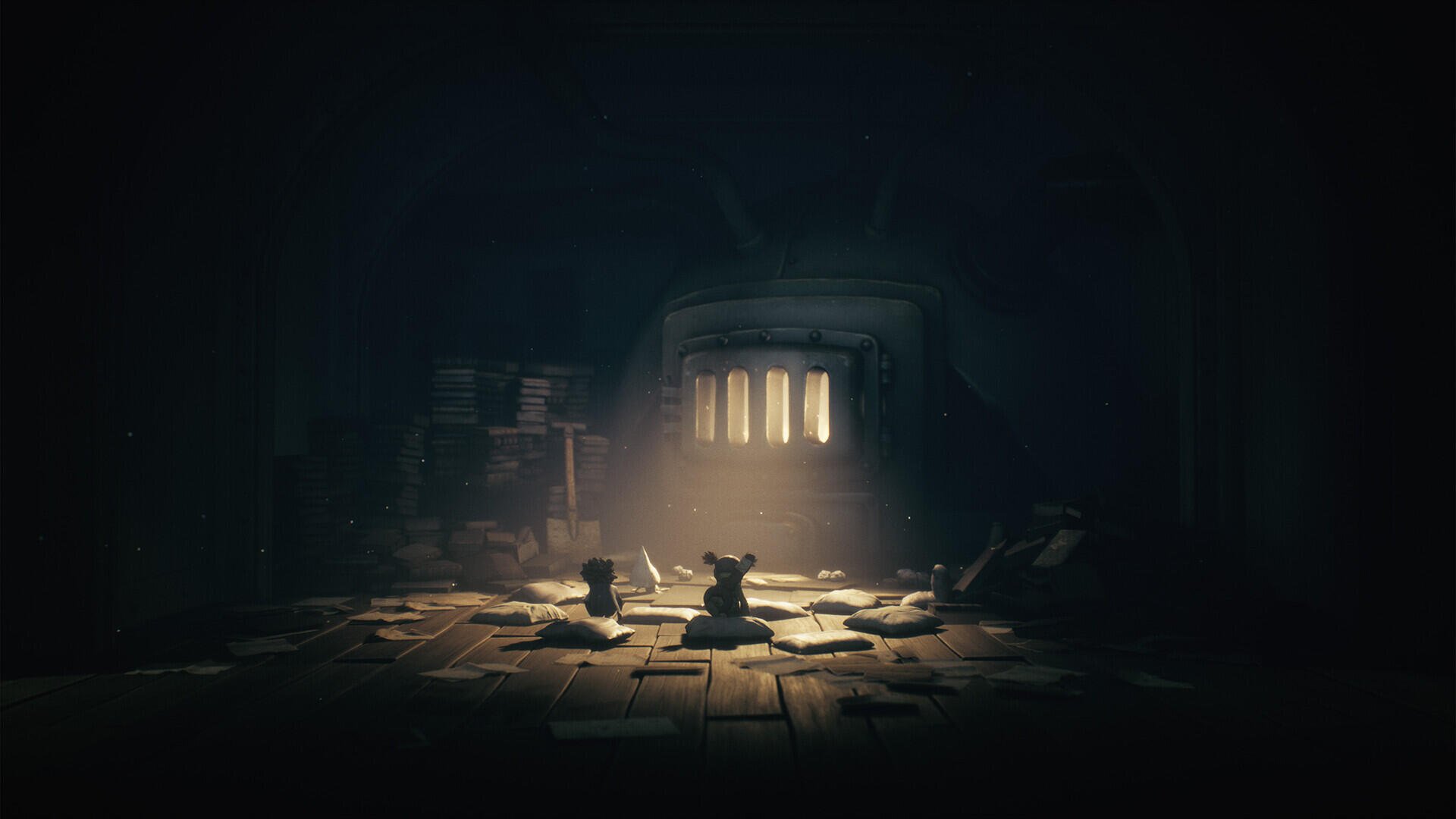 A dark, atmospheric scene from Little Nightmares III, featuring two figures surrounded by scattered papers and illuminated by eerie light, set against a haunting background.
