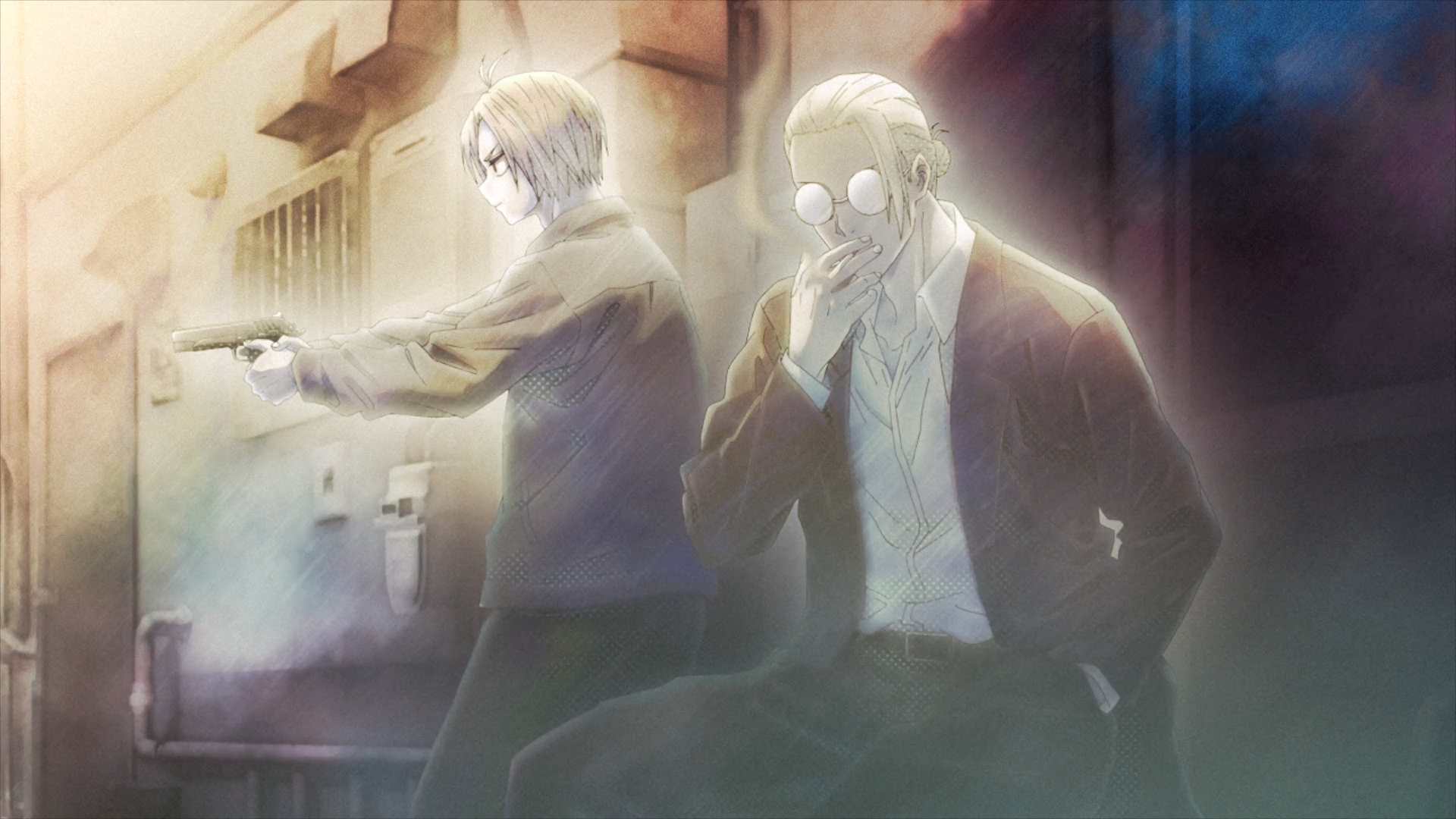 HD anime desktop wallpaper featuring Taro Sakamoto and Shin from Sakamoto Days in an intense, atmospheric scene.