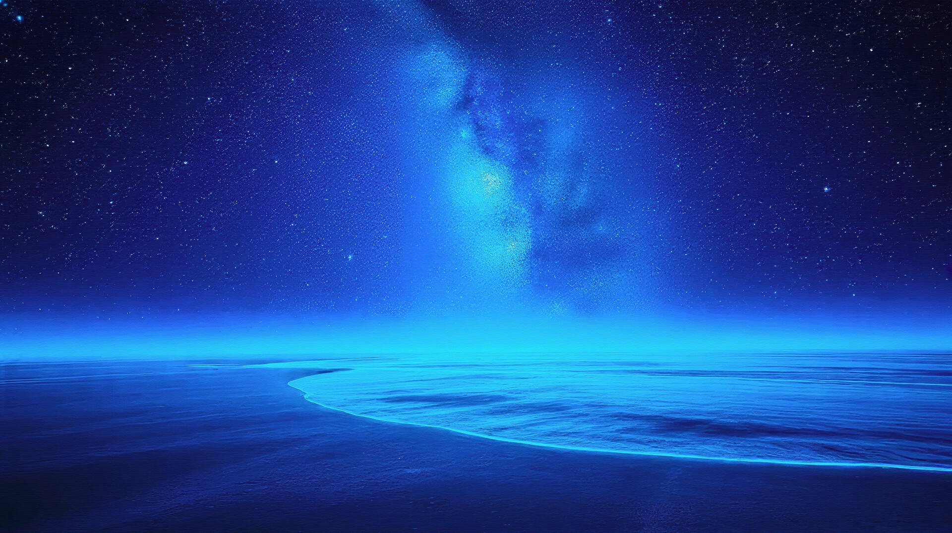 8K Ultra HD PC desktop wallpaper/background of a night sea: luminous blue waves meeting a star-filled sky with a glowing Milky Way overhead.