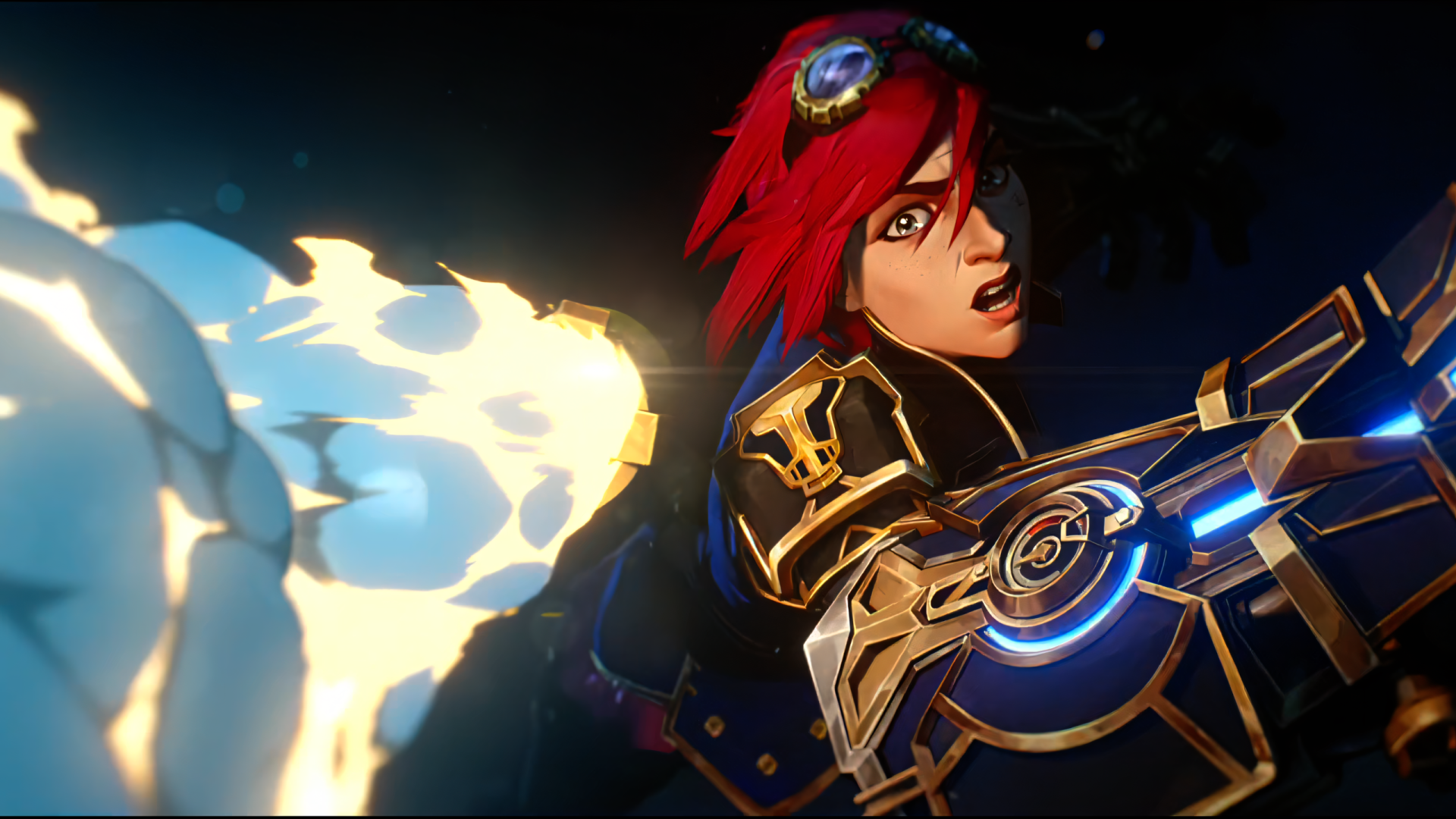 A dynamic HD wallpaper featuring VI from the TV show Arcane, showcasing her fierce expression and unique weapon as she prepares for battle.