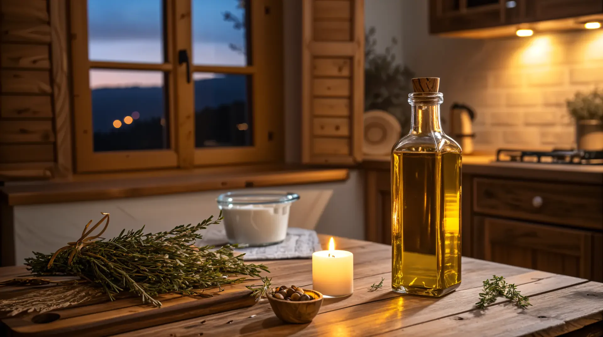 A cozy kitchen scene featuring a glass bottle of olive oil, a candle, herbs, and a bowl of nuts, all set against a warm, inviting backdrop with wooden accents. 4K Ultra HD wallpaper.