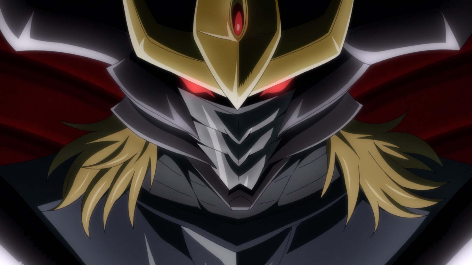 A striking HD wallpaper featuring a character from the anime Headhunted to Another World. The imposing figure wears a detailed armor with a majestic crown and glowing red eyes.