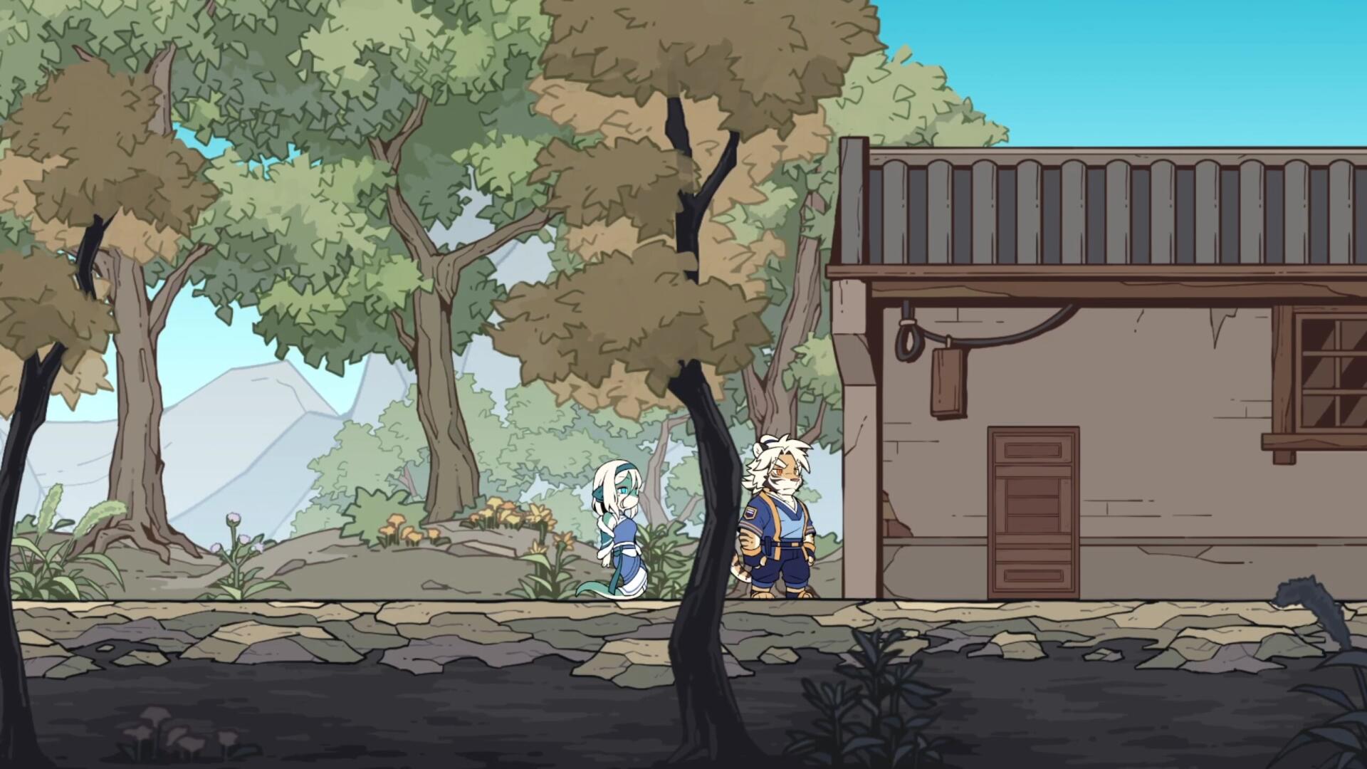 A vibrant HD wallpaper from the video game Threefold Recital, showcasing characters in a scenic forest setting with lush trees and a quaint building.