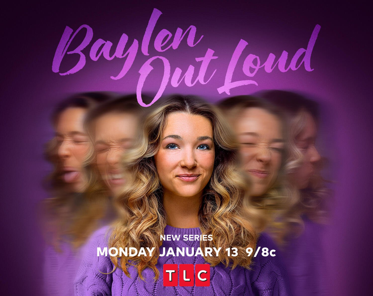 A vibrant HD desktop wallpaper for the TV show Baylen Out Loud, featuring the show's title and a collage of expressive faces against a purple backdrop, promoting its premiere on January 13 at 9/8c.