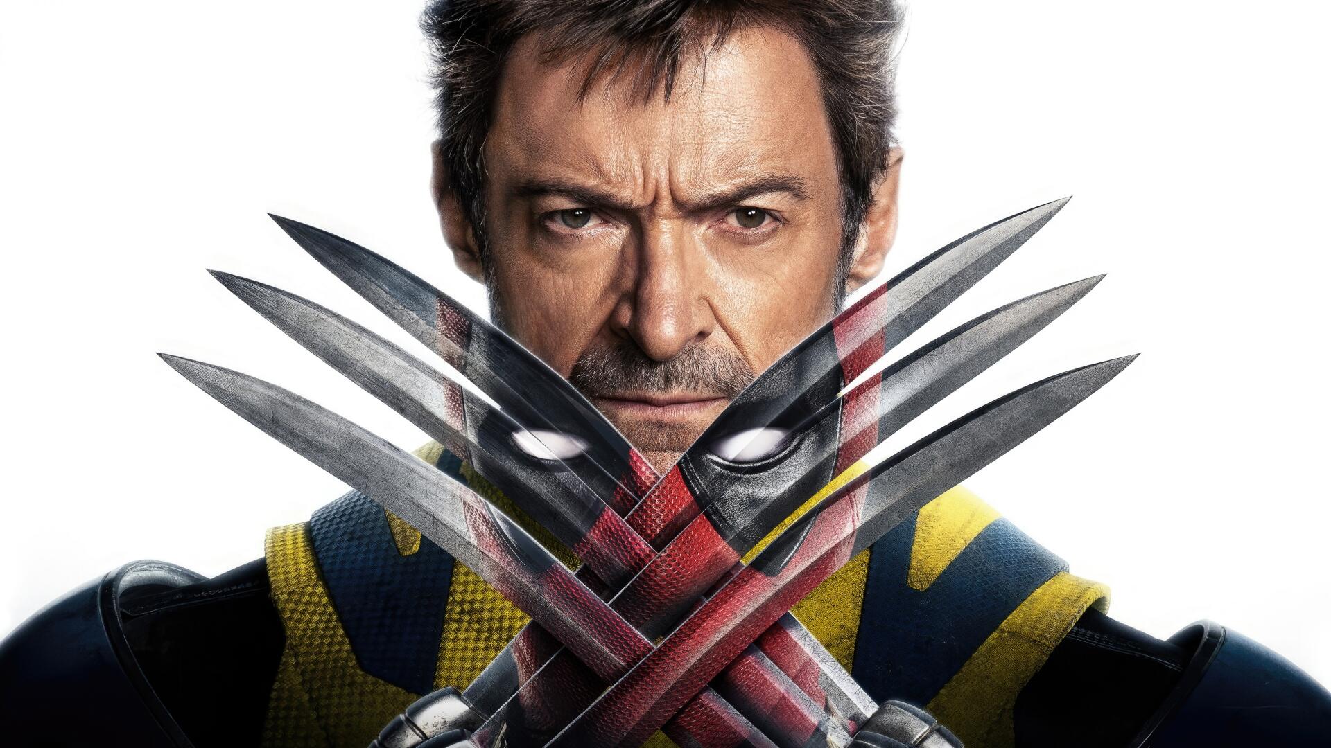 4K Ultra HD desktop wallpaper featuring Wolverine with his iconic claws crossed, overlaid by Deadpool's masked eyes for a dynamic superhero mashup.