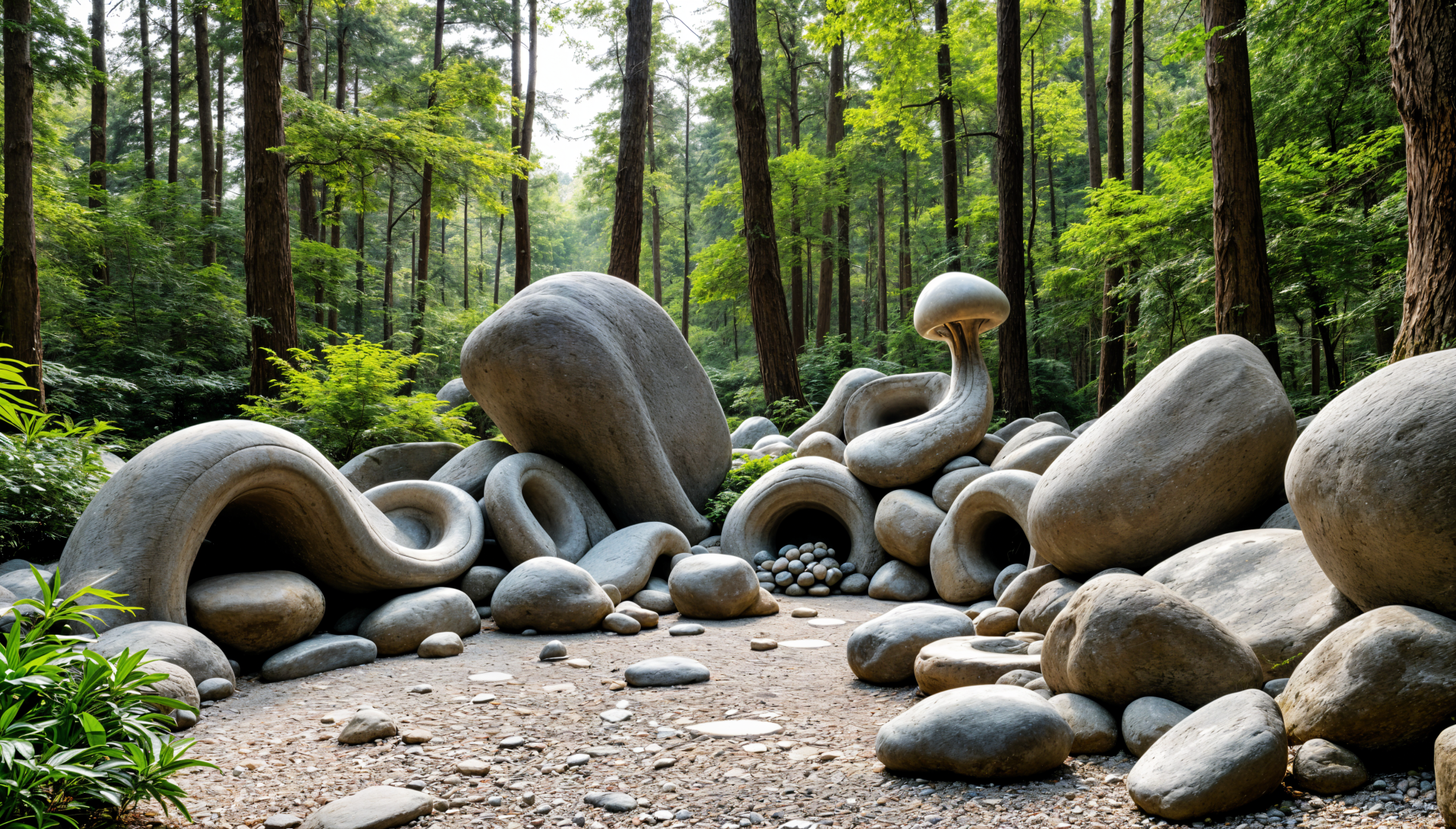 4K Ultra HD desktop wallpaper showcasing a serene rock garden sculpture amid a dense forest, blending natural rocks and artistic forms in a peaceful nature setting.