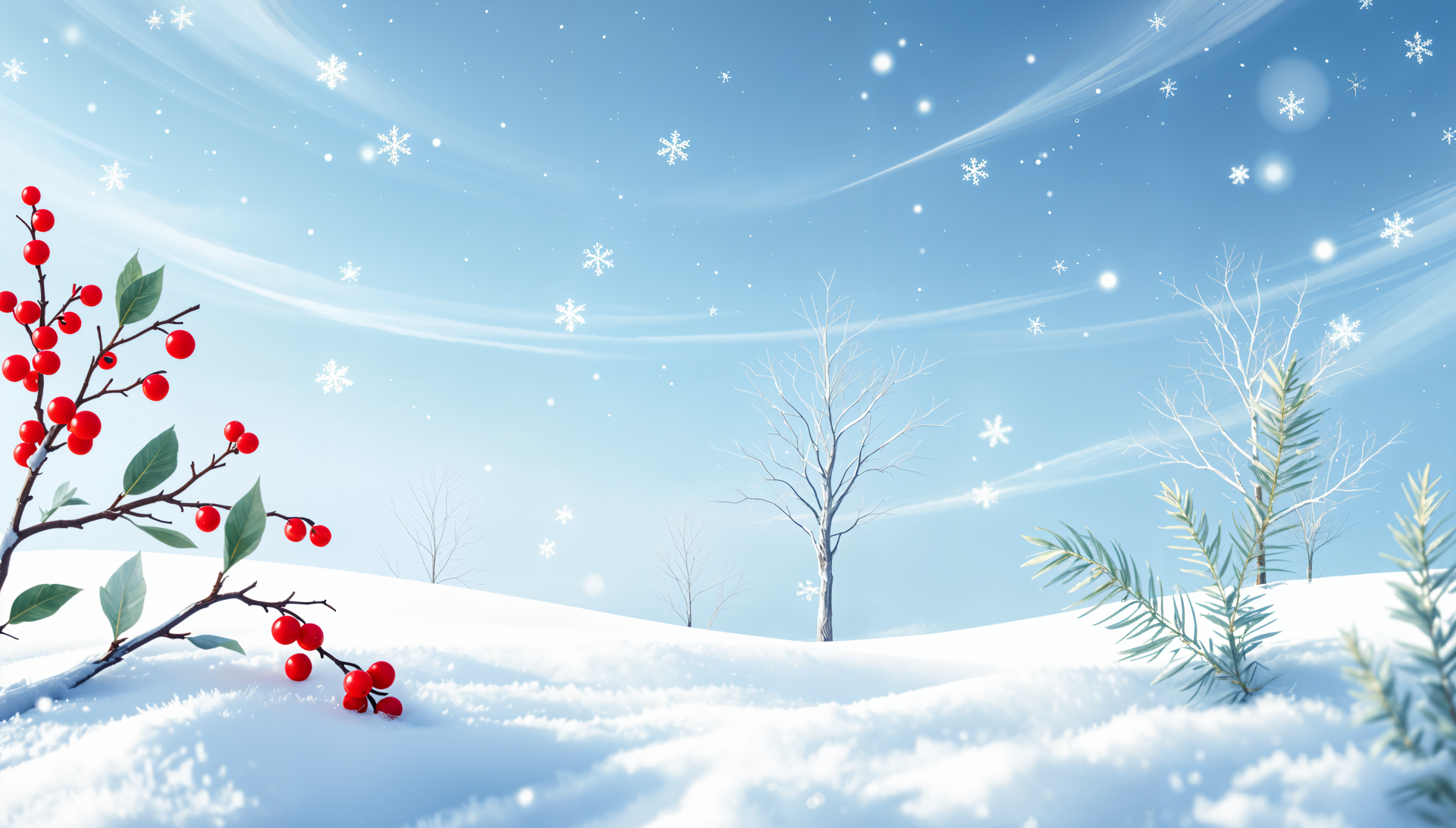 A serene winter landscape featuring sparkling snow, delicate snowflakes, and contrasting greenery, designed as a stunning 4K Ultra HD PC desktop wallpaper and background.