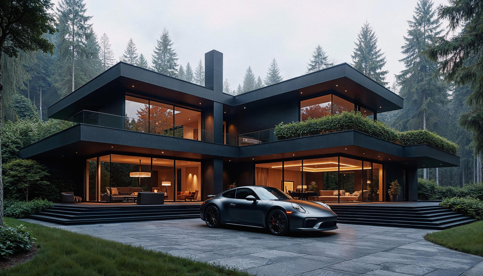 4K Ultra HD desktop wallpaper featuring a sleek black car parked outside a modern, glass-walled home surrounded by tall trees at dusk.
