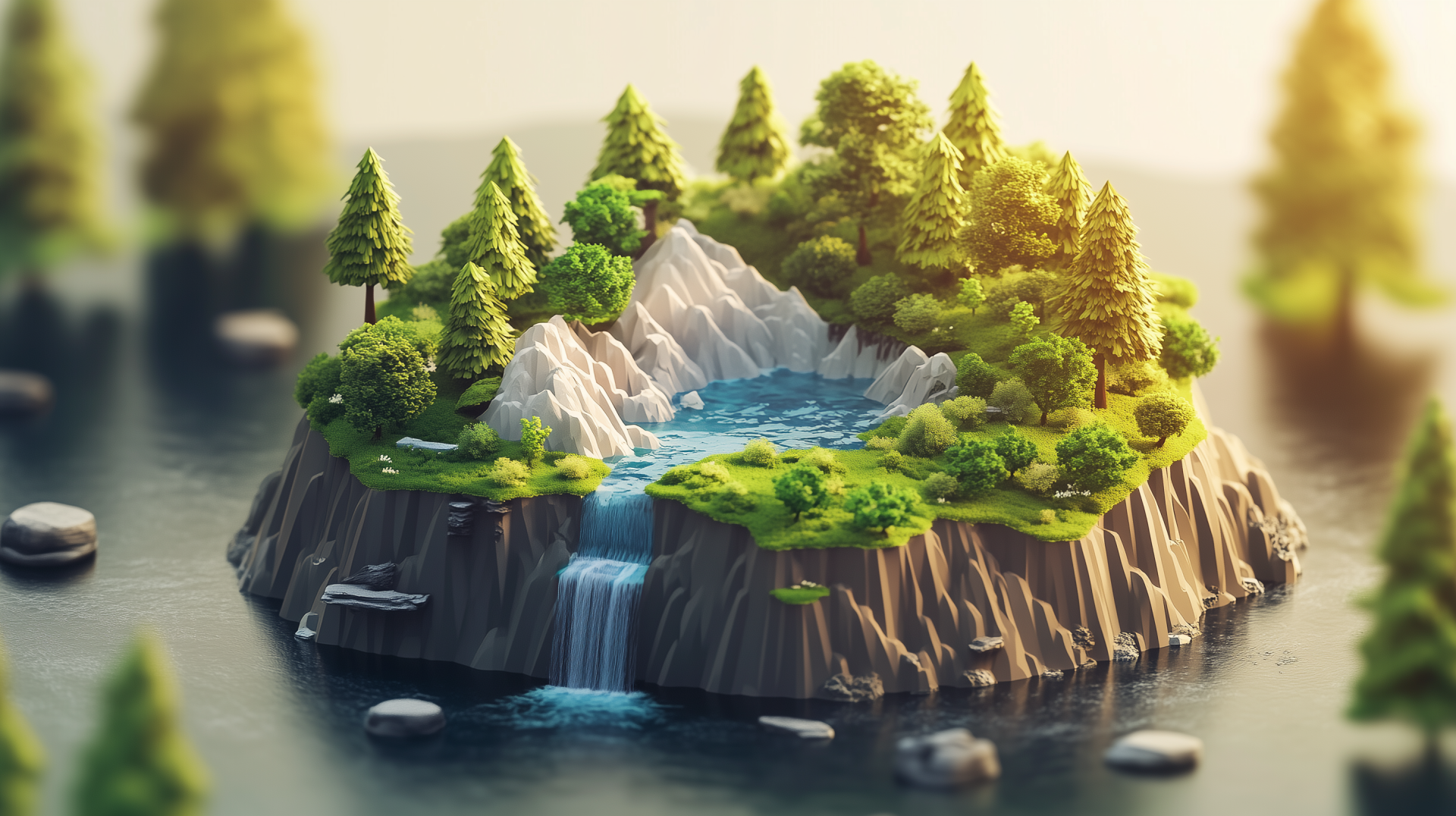 Isometric landscape featuring a vibrant autumn scene with lush greenery, a waterfall, and calm waters, designed as a stunning HD PC desktop wallpaper and background.