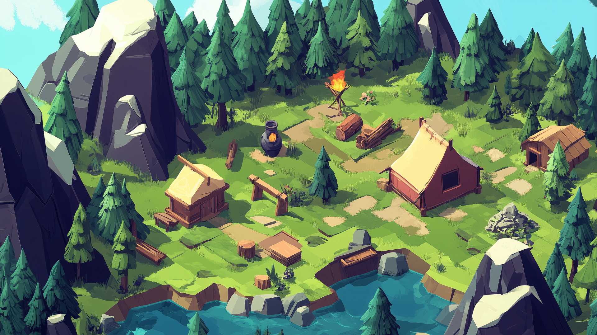 An isometric view of a vibrant RPG village, featuring wooden structures, a campfire, and surrounded by lush trees and mountains, creating a serene landscape. HD wallpaper for desktop use.