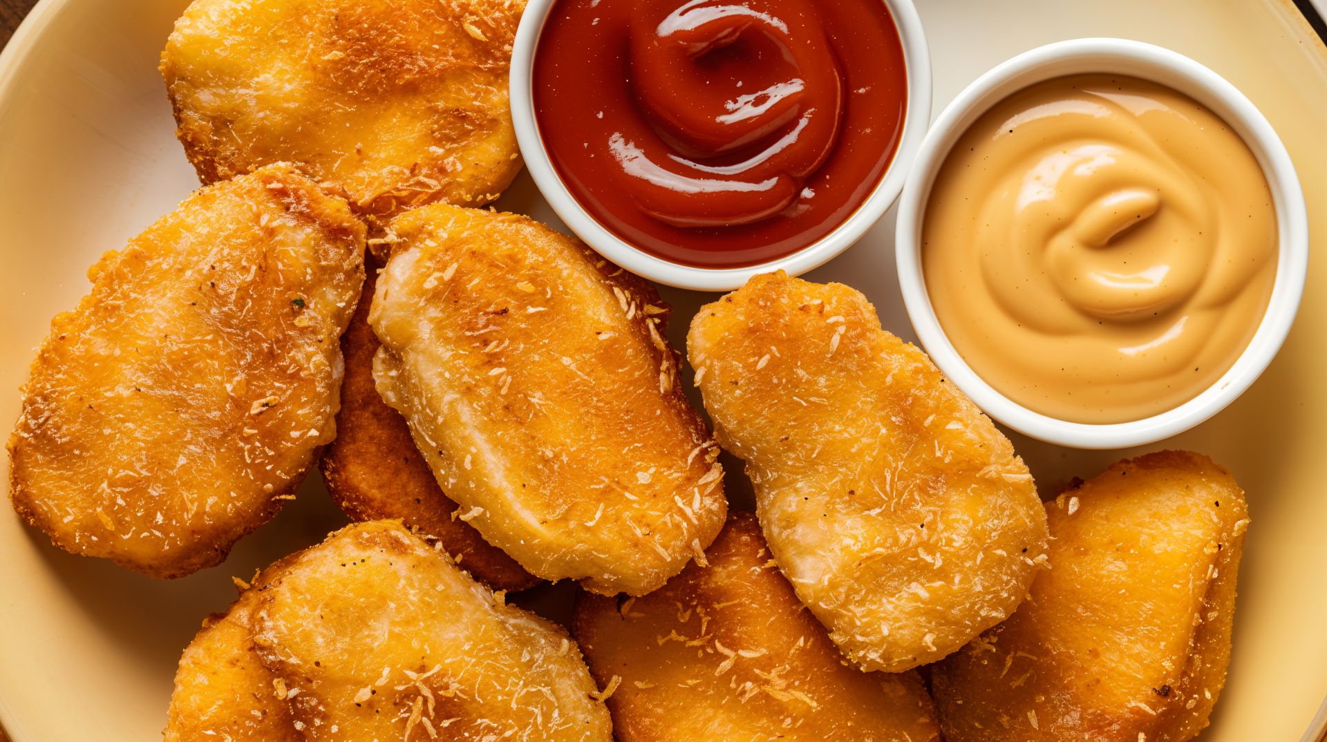 A close-up view of crispy chicken nuggets served with ketchup and a creamy dipping sauce, featured as a vibrant 4K Ultra HD desktop wallpaper.