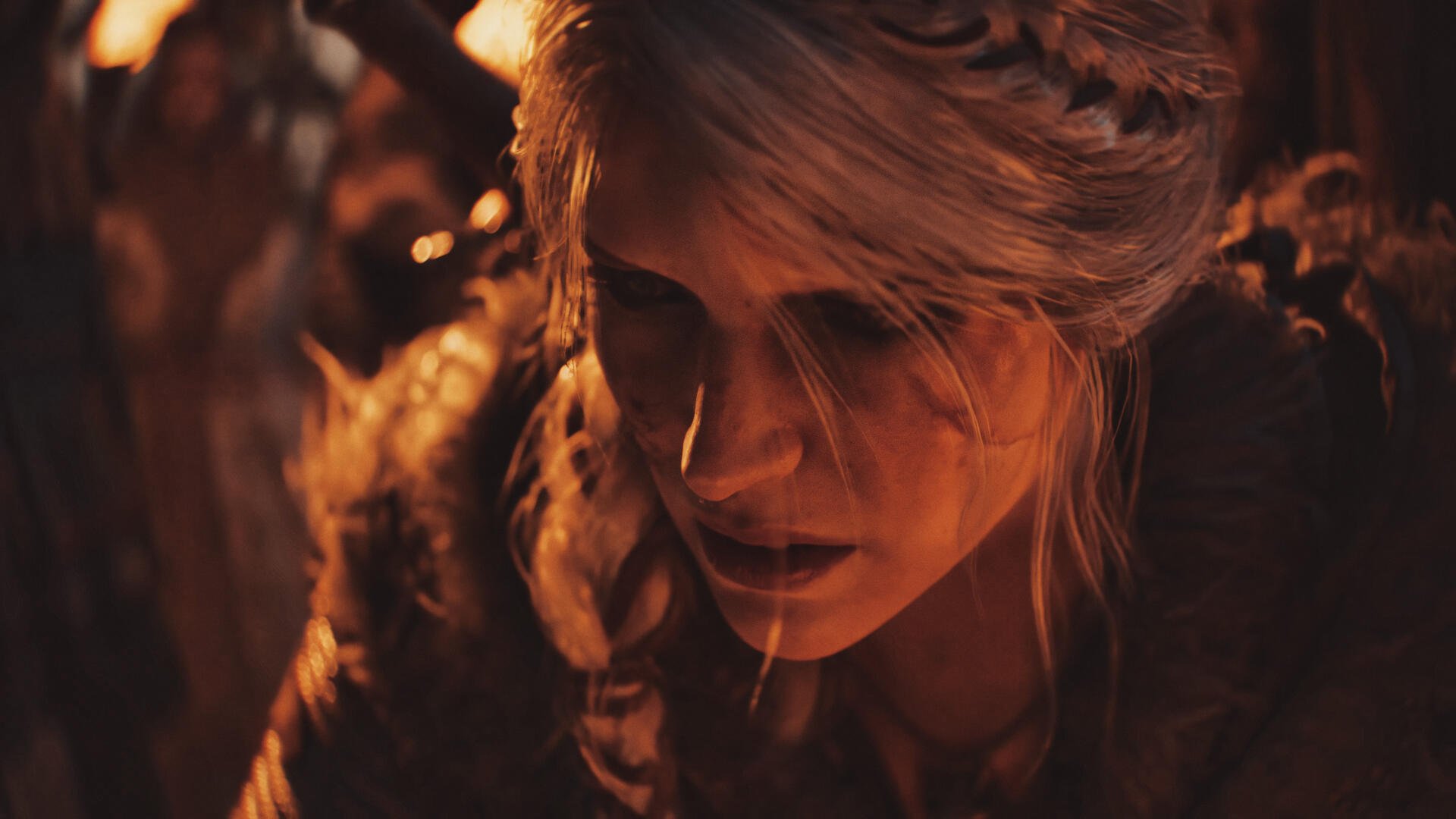 Ciri from The Witcher IV is depicted in a dramatic close-up, emphasizing her fierce determination in this stunning 4K Ultra HD wallpaper.