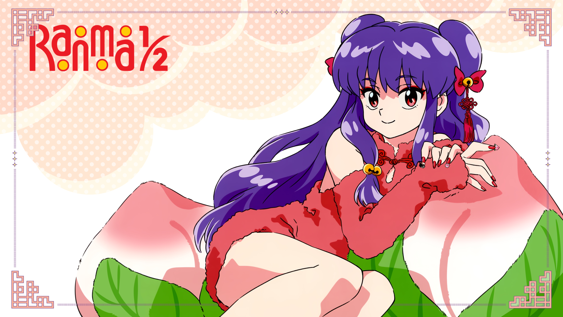 Anime HD PC wallpaper of Shampoo (Ranma ½) from Ranma ½, reclining on a pink petal in a red cheongsam, long purple hair and a playful smile, Ranma ½ logo in the corner.