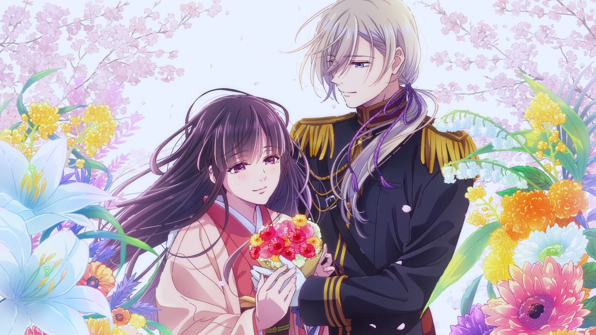 HD anime desktop wallpaper featuring Miyo Saimori and Kiyoka Kudou from My Happy Marriage, surrounded by vibrant flowers and cherry blossoms.