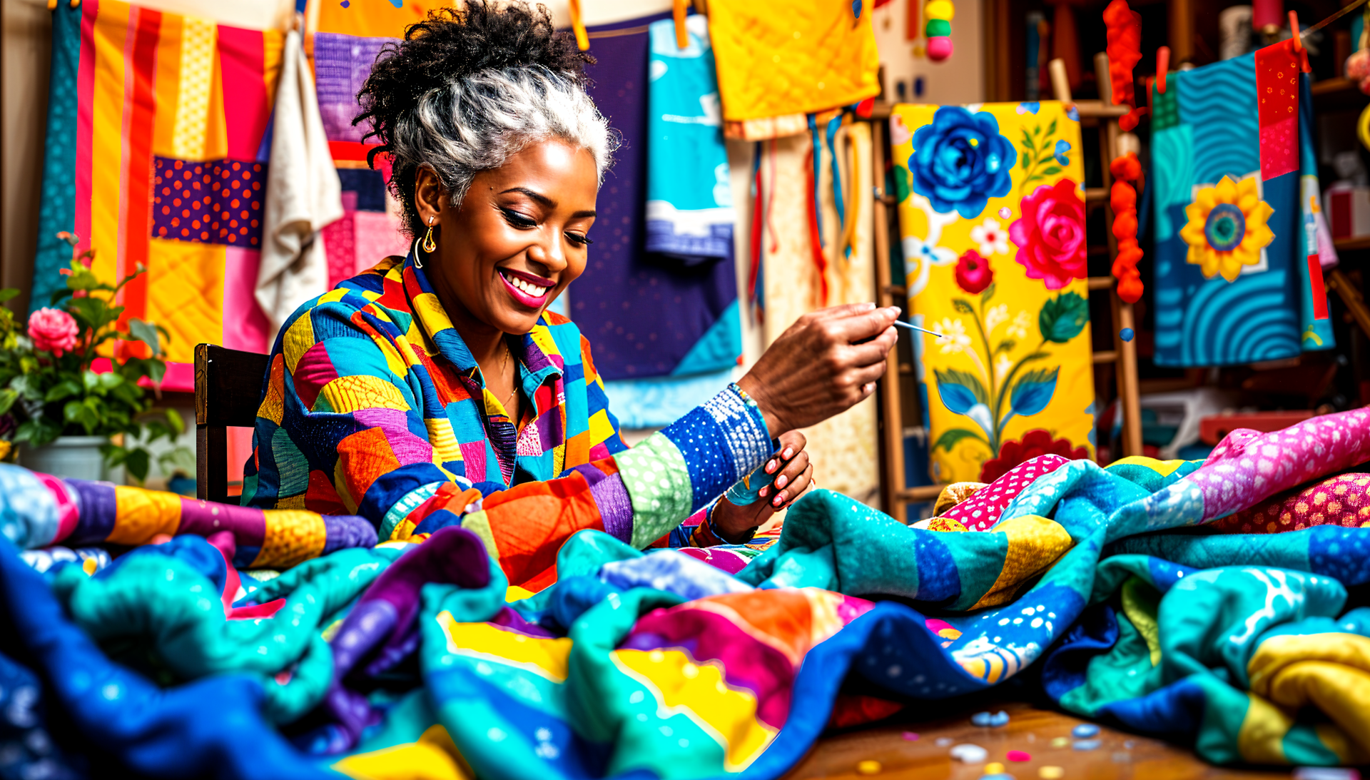 A joyful woman with gray hair stitches colorful quilt pieces, surrounded by vibrant fabric and artistic decorations, showcased as a 4K Ultra HD desktop wallpaper and background.