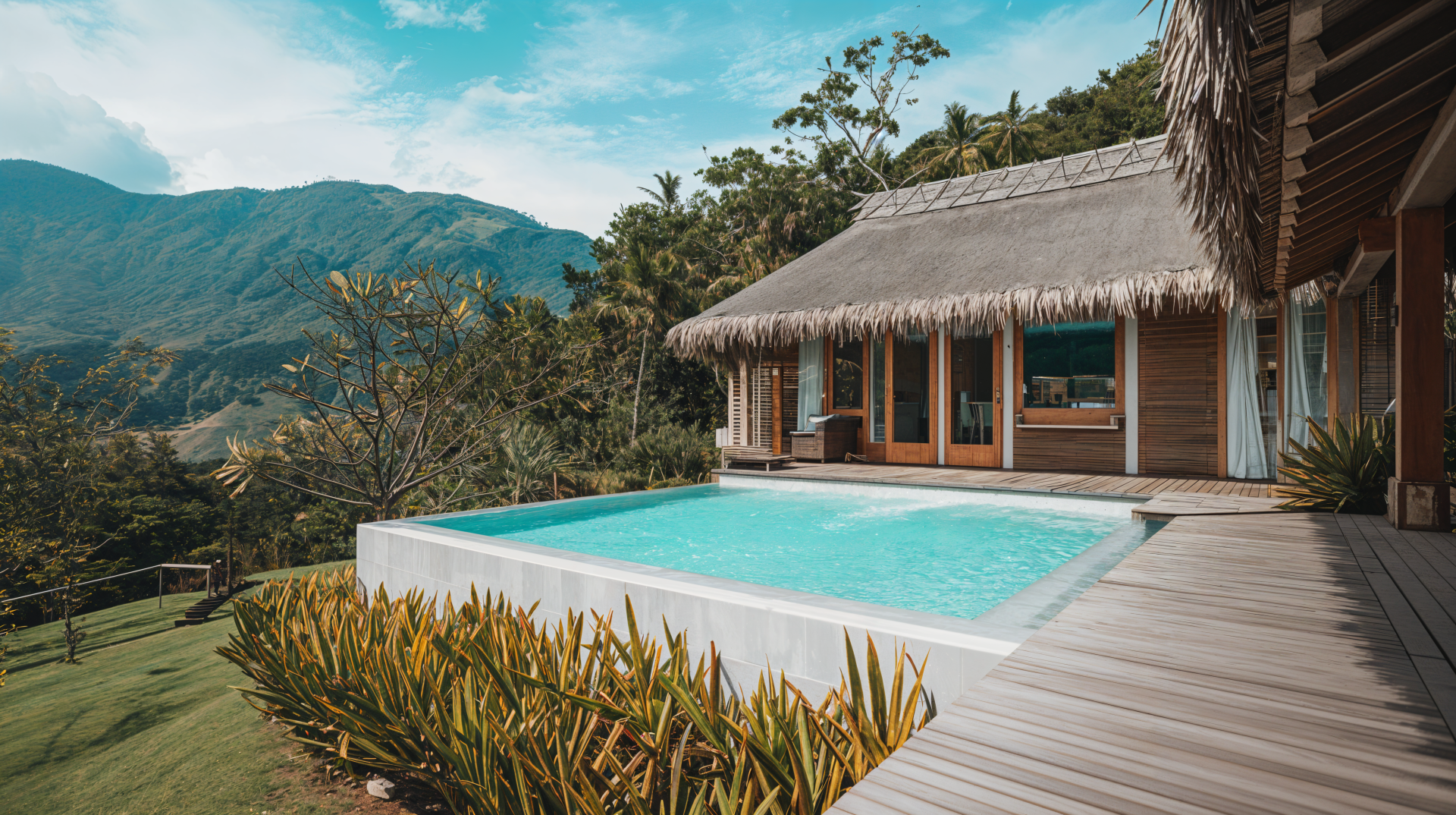 A serene spa scene featuring a beautifully designed structure with a pool, surrounded by lush greenery and mountains, captured in vibrant 4K Ultra HD detail.