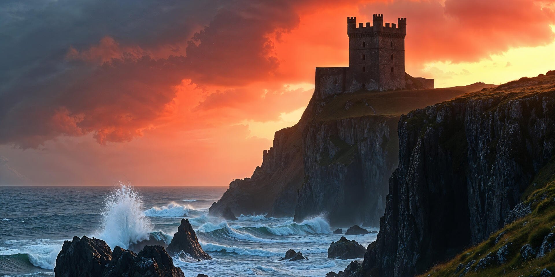 2K Quad HD PC desktop wallpaper/background: dramatic seaside landscape with a cliff-top castle silhouetted against an orange sunset and waves crashing on jagged rocks below.