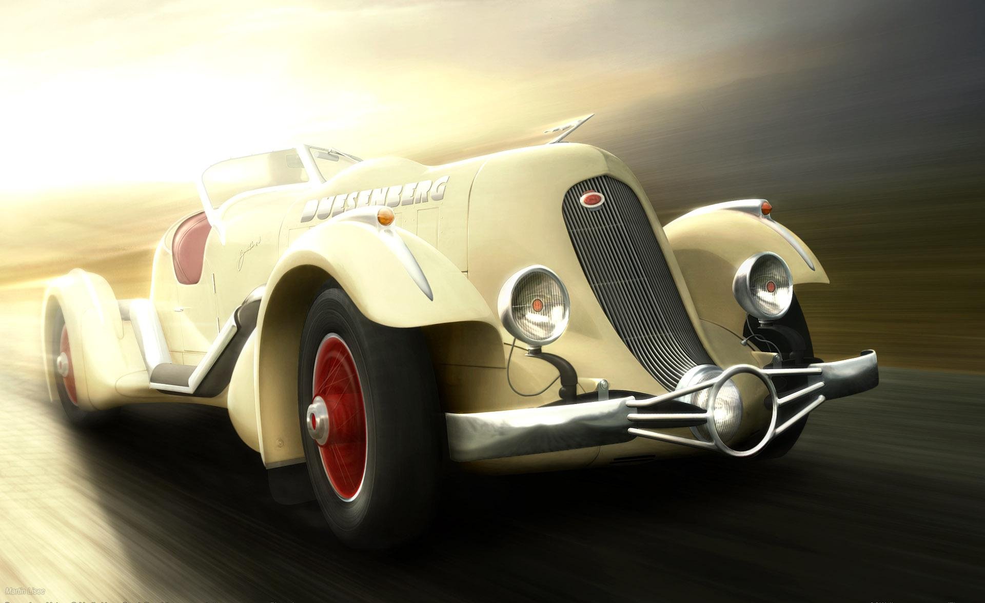 HD desktop wallpaper featuring a vintage cream-colored Duesenberg car in motion against a blurred background, highlighting the classic vehicle's elegance and design.