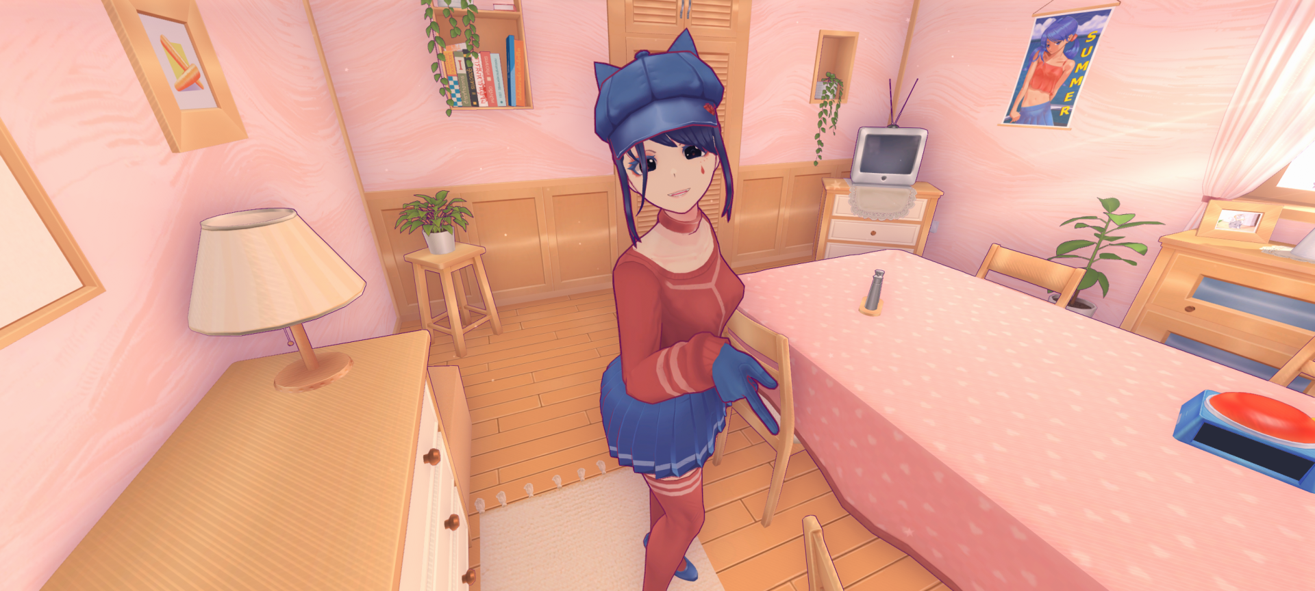 HD PC desktop wallpaper featuring a MiSide animated character in a cozy, pastel-toned bedroom with wooden furniture and soft lighting.