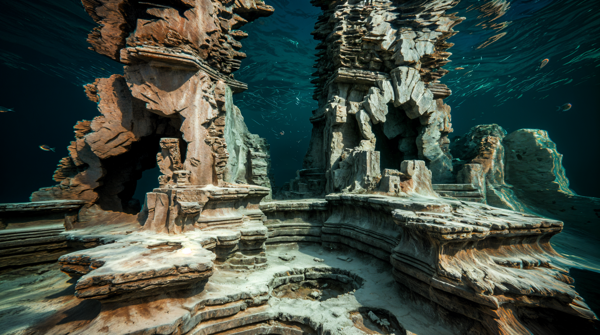 A stunning underwater scene showcasing ancient ruins, captured in vibrant detail, offering a captivating view as a 4K Ultra HD PC desktop wallpaper and background.