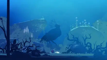 A captivating HD desktop wallpaper from the video game Neva, featuring a mysterious underwater scene filled with dark silhouettes and vibrant marine life surrounded by foliage.