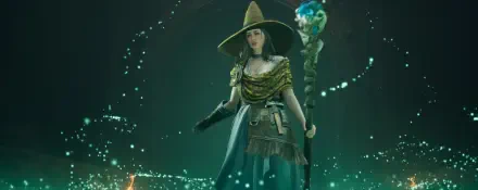 A captivating HD wallpaper featuring a character from the video game Throne and Liberty, adorned in mystical attire, wielding a magical staff amidst a shimmering fantasy backdrop.