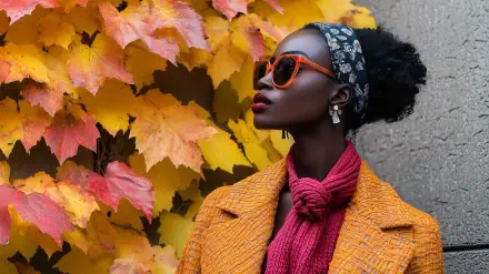 A woman showcases fall fashion against a backdrop of vibrant yellow and orange leaves, wearing stylish sunglasses and a scarf, exuding confidence and elegance.