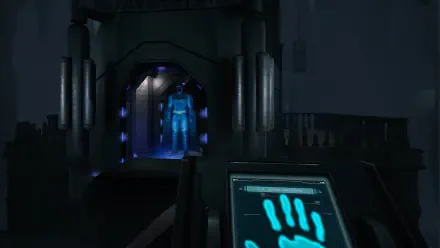 HD wallpaper showcasing a scene from the video game Batman: Arkham Shadow, featuring a blue-lit chamber with a futuristic figure emerging and a control interface in the foreground.