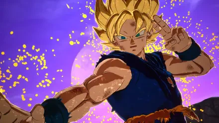 HD PC desktop wallpaper featuring Goku as a Super Saiyan from the video game DRAGON BALL: Sparking! ZERO, with glowing energy effects against a vibrant purple background.