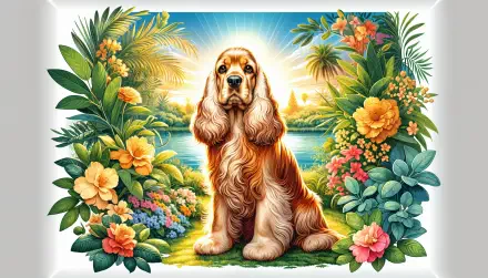 A vibrant 4K Ultra HD wallpaper featuring a cocker spaniel surrounded by lush foliage and colorful flowers, set against a serene lake and radiant sunset backdrop.