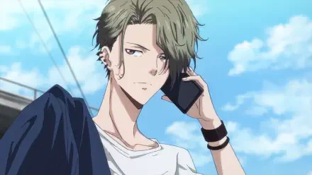 Anime-inspired HD wallpaper featuring a character from Ron Kamonohashi's Forbidden Deductions, highlighting a stylish figure on a phone against a bright sky.