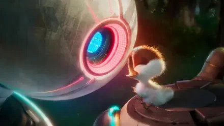 A charming scene from the movie The Wild Robot, featuring a fluffy chick interacting with a high-tech robot, depicted in vibrant colors and stunning 4K Ultra HD quality.
