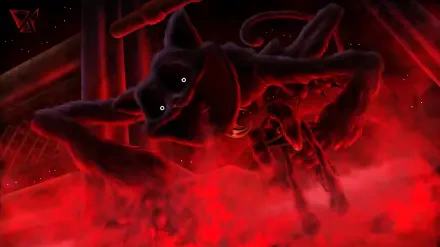 A dark and atmospheric HD wallpaper featuring CatNap from Poppy Playtime, showcasing a menacing black cat figure amidst a vivid red backdrop.