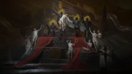 Dark, dramatic scene featuring a group of figures in a ritualistic setting, styled as an 8K Ultra HD Helldivers 2 Liberty! PC desktop wallpaper.