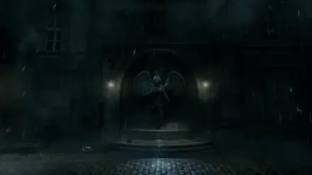 A haunting scene from the video game Bioshock Infinite, featuring a dark, rain-soaked environment with a mysterious figure hovering in front of an illuminated building.
