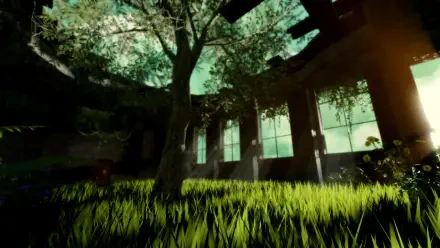 A vibrant Roblox-themed HD desktop wallpaper featuring lush green grass, a majestic tree, and sunlight streaming through large windows, creating an immersive gaming atmosphere.