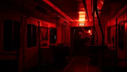 A dark train interior illuminated in red, evoking the eerie atmosphere of Dead Island 2. This 4K Ultra HD wallpaper enhances the gaming experience with its immersive design.