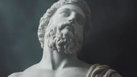 A close-up of a Greek statue, showcasing intricate details of the muscular physique and flowing hair, set against a soft, moody background. This 4K Ultra HD image serves as a stunning desktop wallpaper.