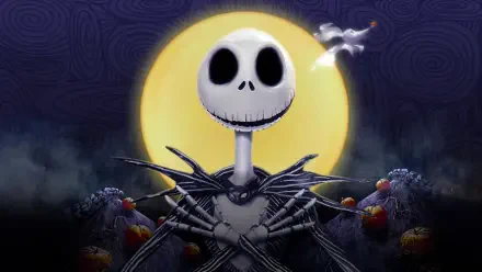 HD PC desktop wallpaper featuring Jack Skellington from The Nightmare Before Christmas with a glowing full moon and dark, eerie background.
