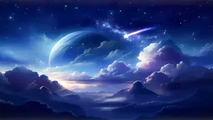 A 4K Ultra HD anime-style fantasy sky with glowing clouds, a distant planet, and a bright shooting star streaking across the night sky.