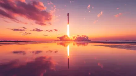 A stunning 4K Ultra HD image of a rocket launch against a vibrant sunset sky, reflecting on calm waters, capturing the awe of space exploration.