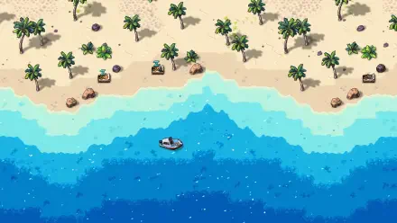 A vibrant HD desktop wallpaper featuring a beach scene from the video game Streets of Rogue 2, showcasing palm trees, sandy shores, and a tranquil blue ocean with a small boat.