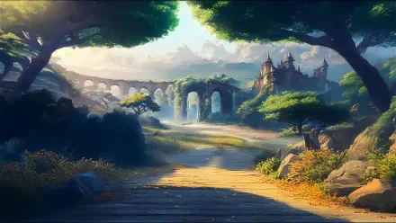 A vibrant 4K Ultra HD anime landscape depicting a fantasy castle amid lush greenery and ancient stone bridges under a bright sky.