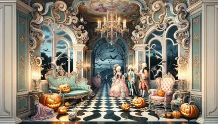 A richly detailed 4K Ultra HD Halloween wallpaper showcasing an ornate ballroom with elegant figures in vintage attire, pumpkins, and a haunting moonlit backdrop.
