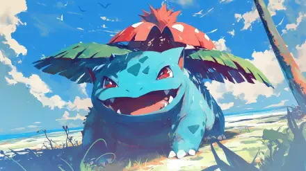 A vibrant HD wallpaper featuring Ivysaur, the Pokémon, against a bright blue sky. The scene captures the character's expressive features and lush foliage under a sunny atmosphere.