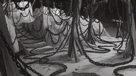 Dark and atmospheric wallpaper from the video game Slay the Princess — The Pristine Cut, featuring a haunting landscape of chains and twisted paths. Perfectly captures the game's unique aesthetic.