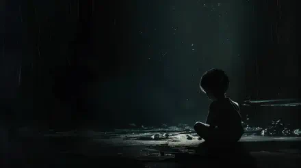 A sad child sits alone in shadow, illuminated by faint light, creating a poignant atmosphere. This 4K Ultra HD wallpaper captures a moment of solitude and reflection.