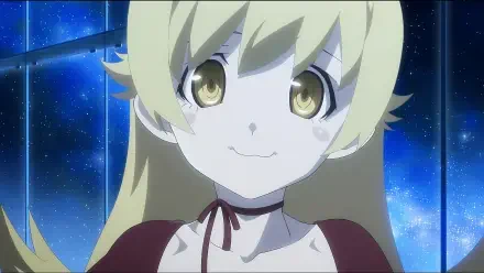 A detailed 4K Ultra HD wallpaper featuring Shinobu Oshino from the Monogatari series, showcasing her unique character design against a starry background.